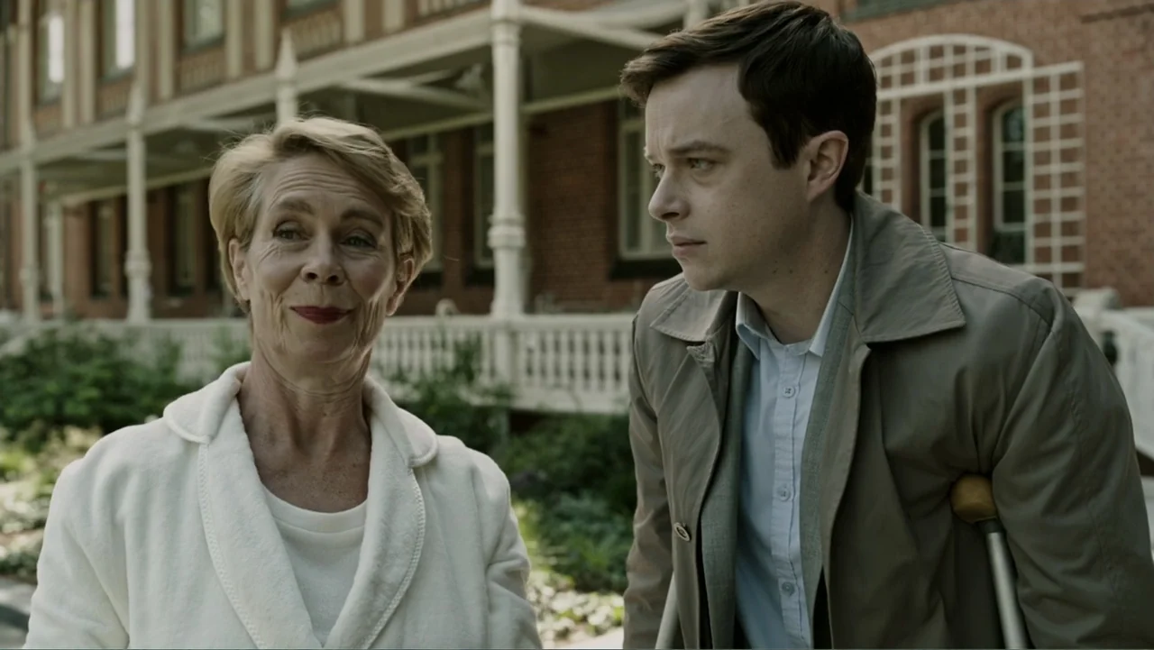 A Cure for Wellness (2017) movie still: medium — An exterior space features a red brick building with a white wooden porch structure. An older woman…
