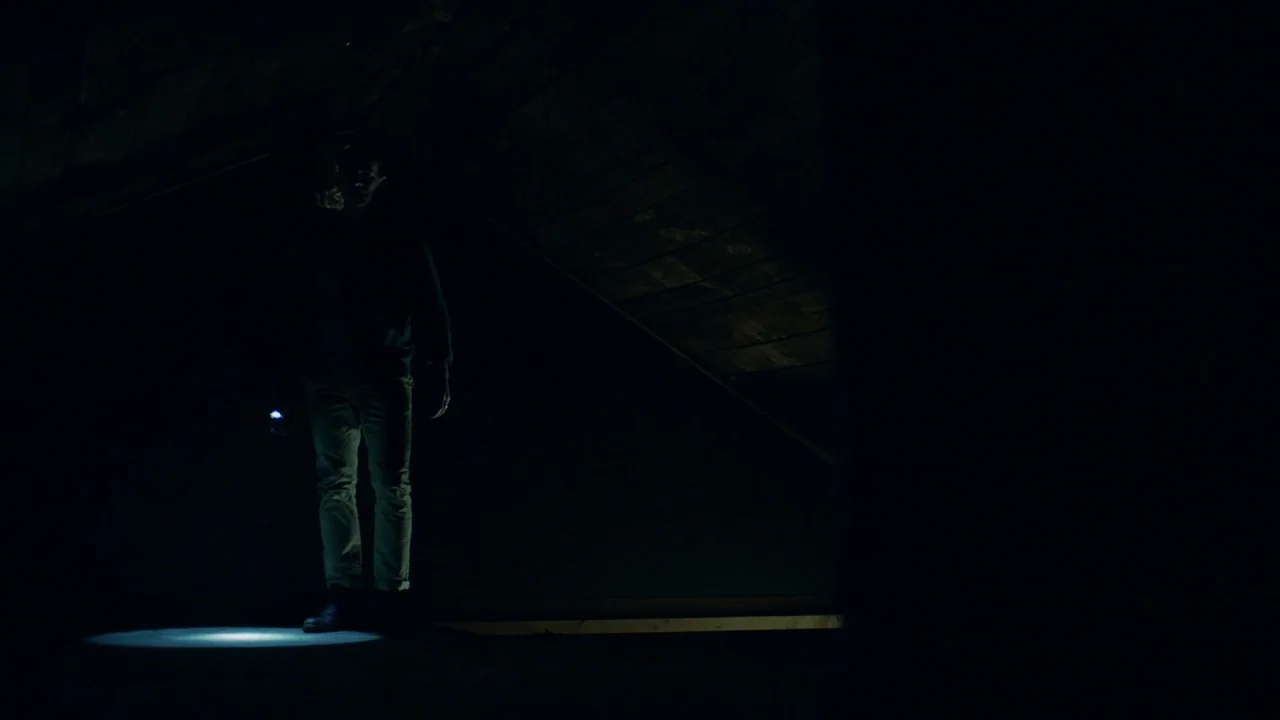Girl on the Third Floor (2019) movie still: fullbody — A dark, cramped space with a sloped wooden ceiling. A person stands holding a flashlight that…