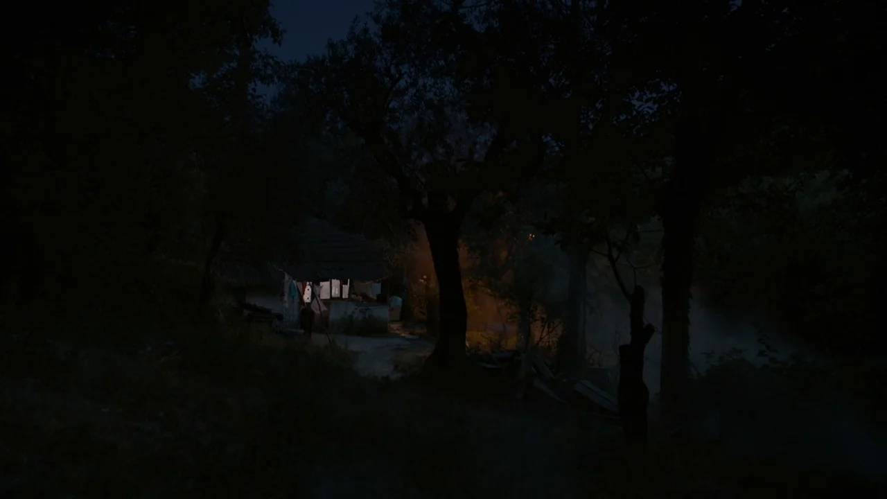 The Field Guide to Evil (2018) movie still: wide — A small, modest house sits nestled among thick trees in a dark, quiet landscape. Soft light glows…