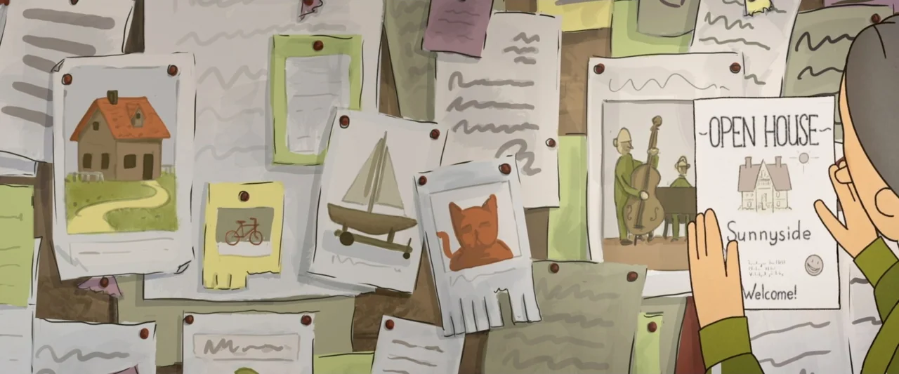 The Ape Star (2021) movie still: medium — A cork bulletin board is covered in various hand-drawn sketches and printed notices. A person holds a…