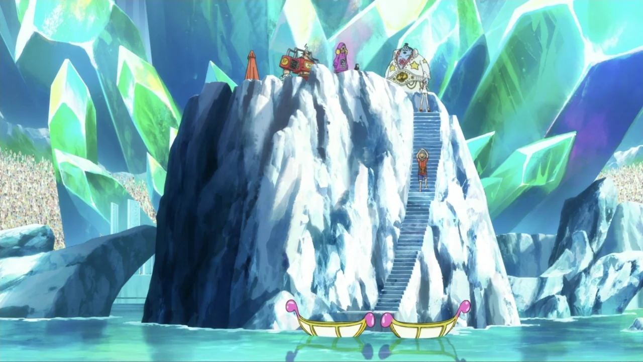 One Piece Film Red (2022) movie still: wide — A tall ice pinnacle rises from turquoise water surrounded by massive translucent crystalline…