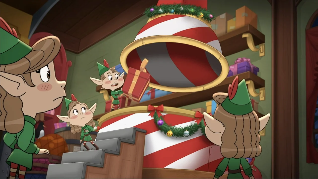 A Chuck E. Cheese Christmas (2025) movie still: medium — An interior workshop filled with shelves of gifts and decorated mechanical structures.…