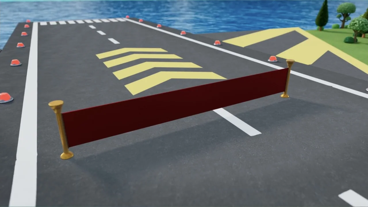 PAW Patrol: Air Rescue (2025) movie still: establishing — A paved runway with yellow chevron markings and red boundary lights alongside water. A red…