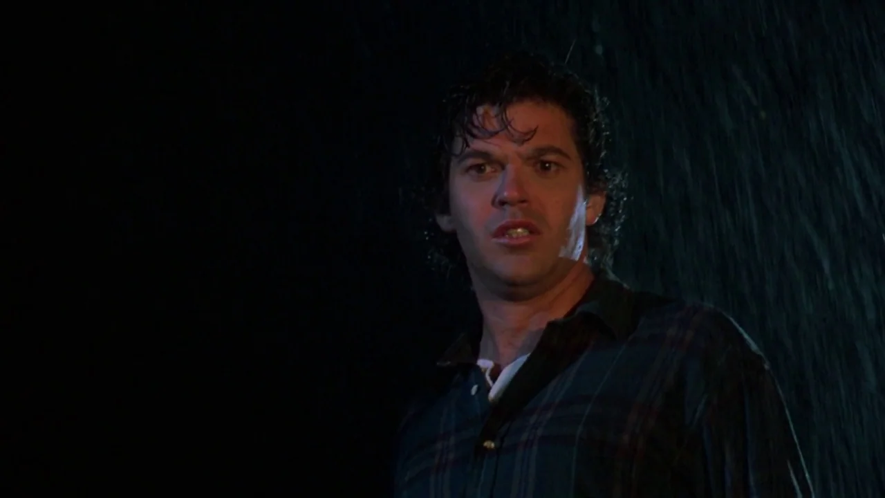 Friday the 13th: The Final Chapter (1984) movie still: medium — A dark outdoor setting at night during a heavy downpour of rain. A man stands in the…