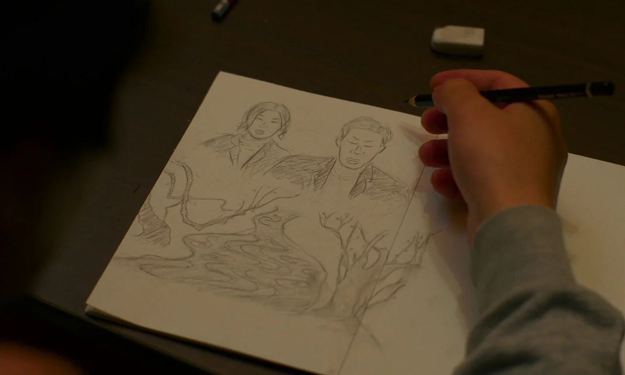 Evil Does Not Exist (2023) movie still: closeup — A top-down view shows a hand sketching a portrait of two people. The graphite drawing depicts a…