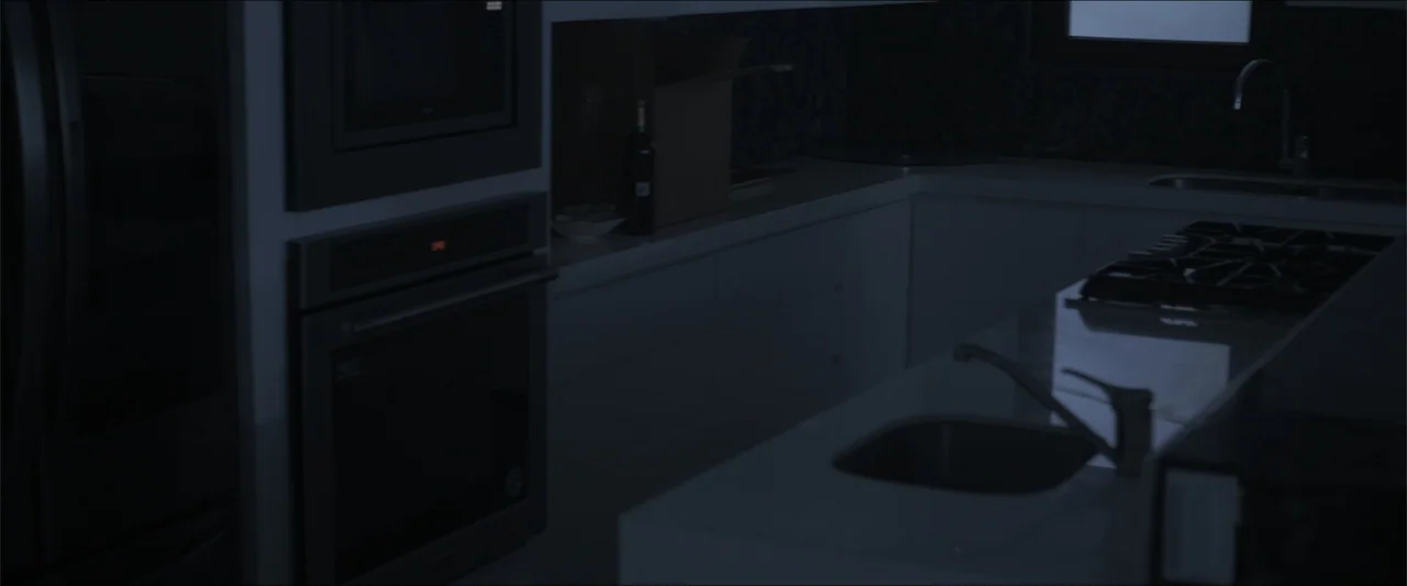 Los habitantes (2023) movie still: wide — A dark, modern kitchen area contains matte cabinets, stainless steel appliances, and quartz countertops.…