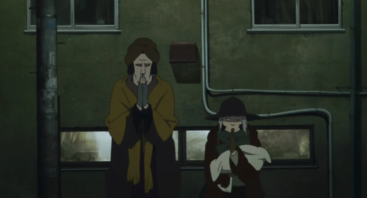 Tokyo Godfathers (2003) movie still: medium — A flat, olive-colored building wall with window frames and visible exterior plumbing pipes. Two people…