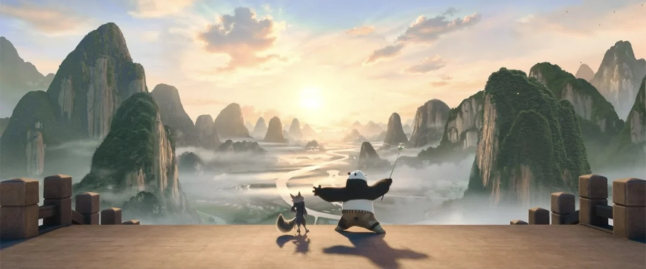 Kung Fu Panda 4 (2024) movie still: wide — A stone balcony overlooks a misty valley filled with large vertical rock formations. A panda and a fox…