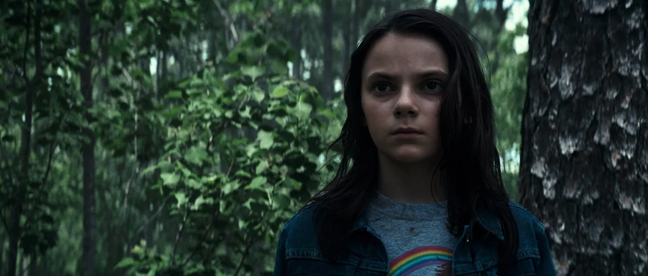 Logan (2017) movie still: medium — A dense forest environment filled with tall pine trees and thick green foliage. A young girl stands motionless in…