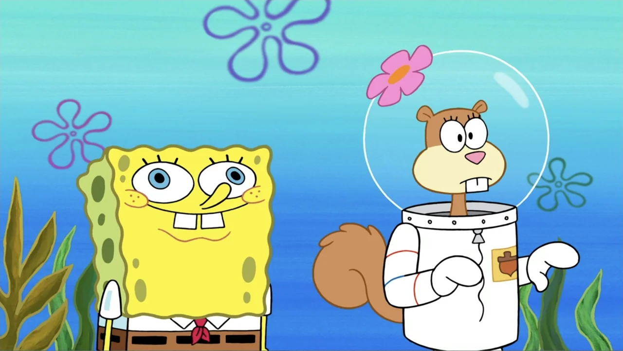 SpongeBob Squarepants: Kreepaway Kamp (2024) movie still: medium — An underwater scene features a bright blue background with green seaweed and…