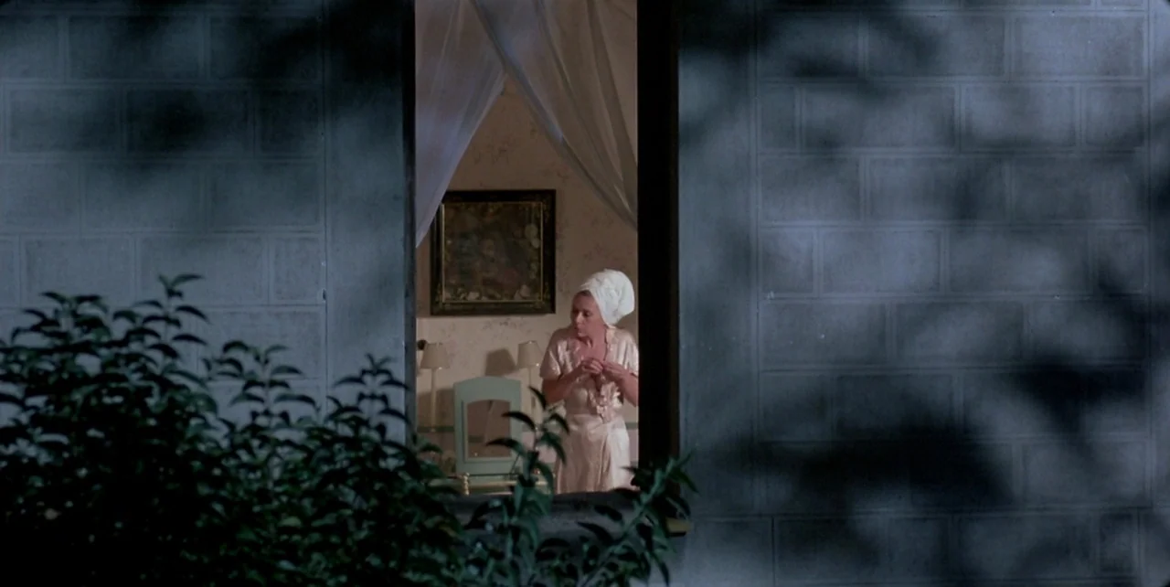 Dark Habits (1983) movie still: medium — A dark stone exterior wall framed by tree shadows faces an open window. A woman stands inside the brightly…