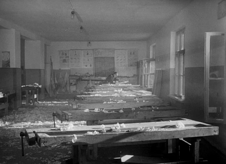 Wings (1966) movie still: wide — A woodshop contains rows of heavy wooden benches covered in scattered wood shavings. A single man stands at the…
