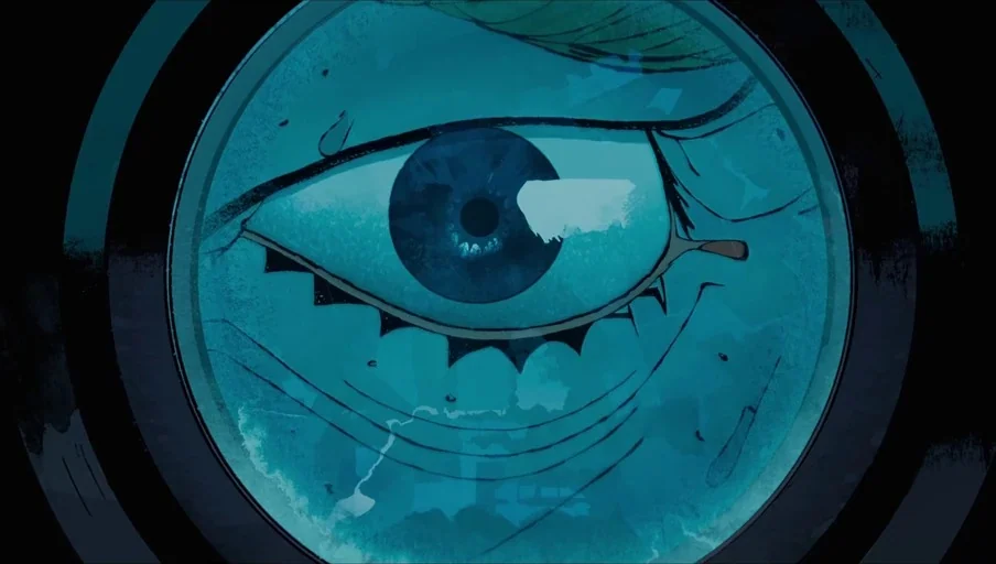 Love, Death & Robots (2019) movie still: closeup — A close-up view through a circular glass lens showing a human eye. The iris is dark blue and the…