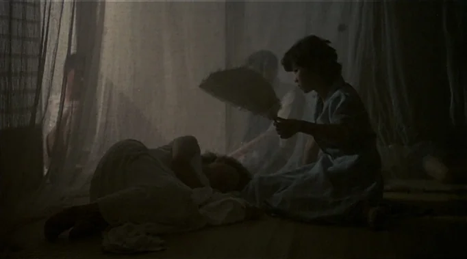 A Time To Love and A Time To Die (1985) movie still: medium — A dimly lit room features people resting under hanging mosquito netting in traditional…