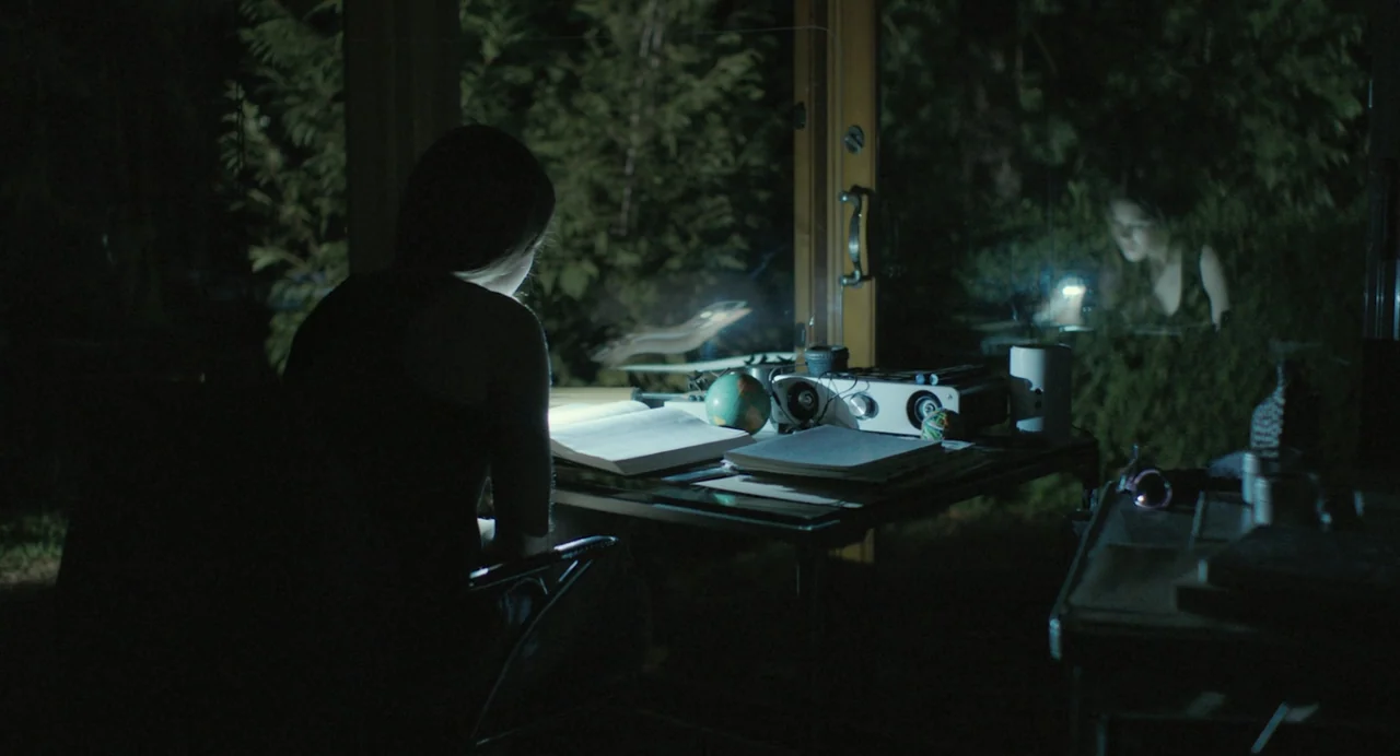 En lo profundo del bosque movie still: medium — A dark, dimly lit study area at night with glass doors looking out onto foliage. A woman sits facing…