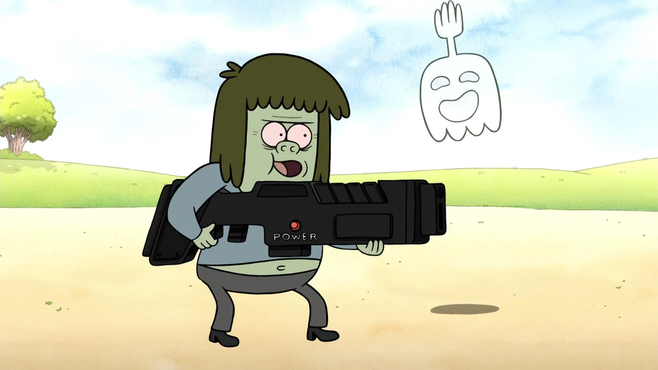 Regular Show: The Movie (2015) movie still: medium — A cartoon landscape features a green man standing in a grassy field. He holds a large black…