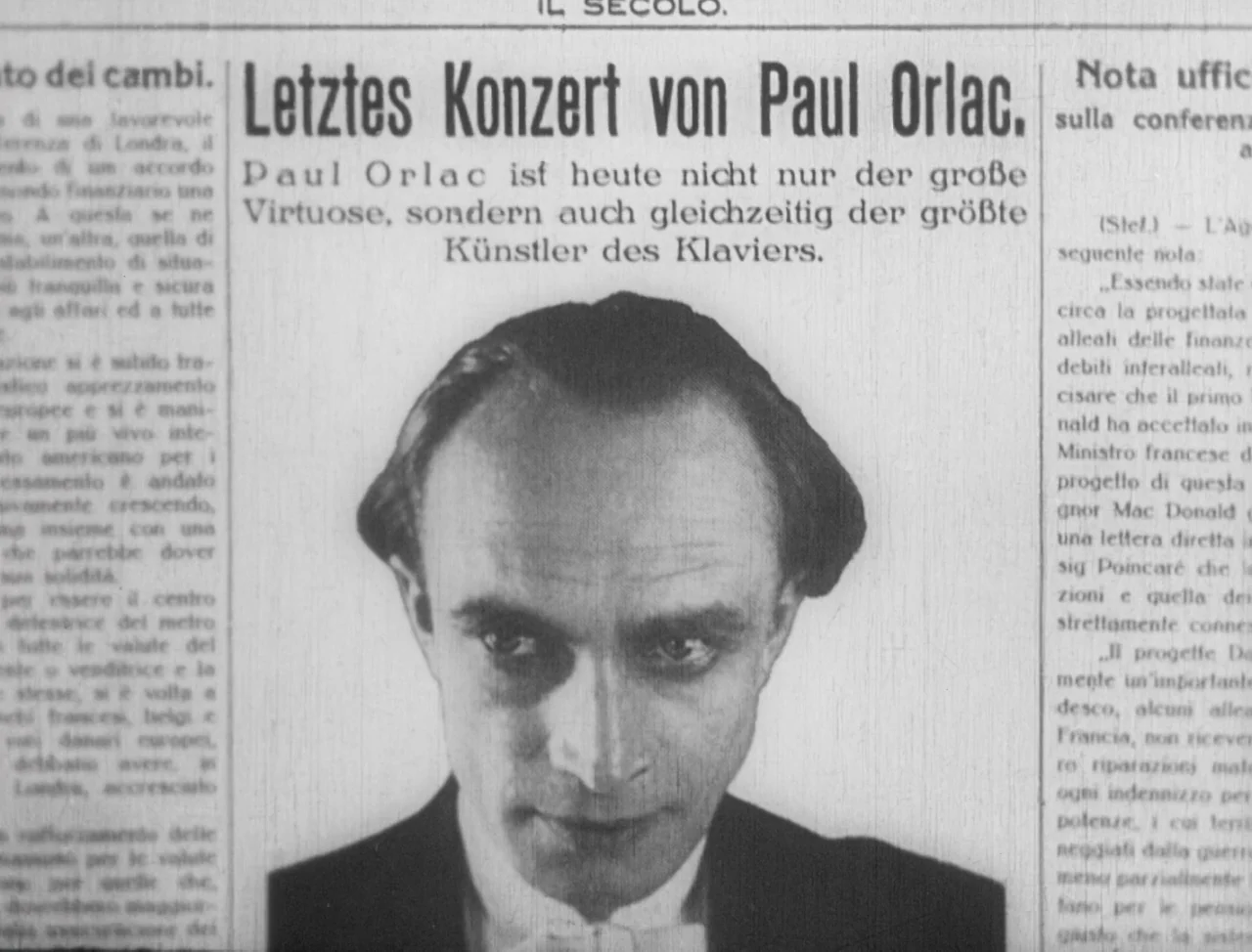 The Hands of Orlac (1924) movie still: closeup — A close-up photograph of a printed newspaper article featuring an image of a man. The German text…