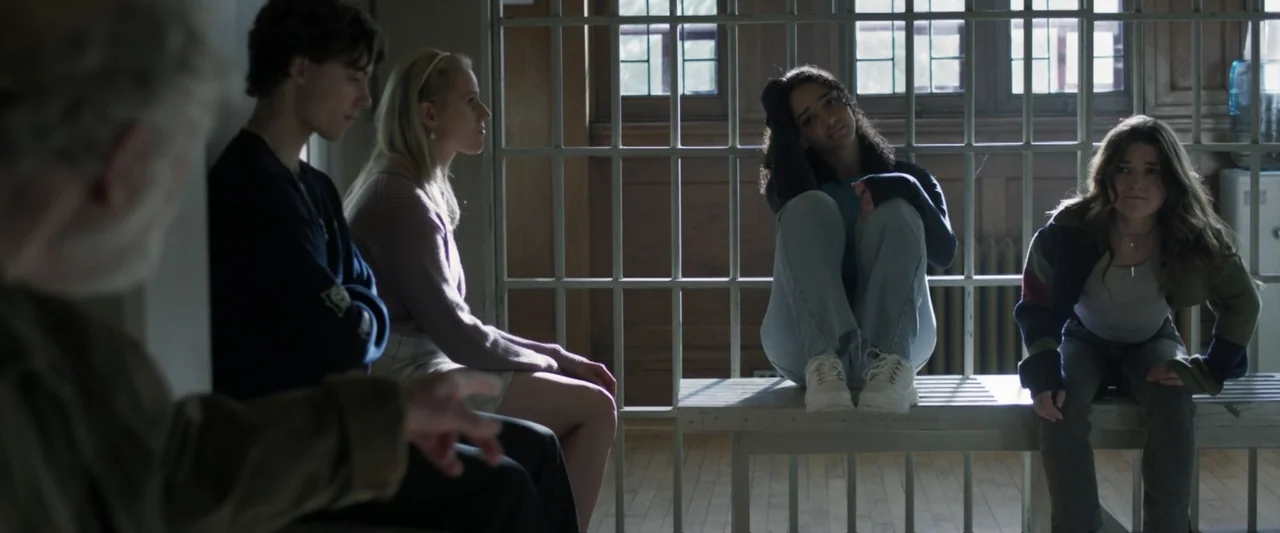 Clown in a Cornfield (2025) movie still: medium — A prison holding room contains metal bars and a white wooden bench. Four teenagers sit in a row on…