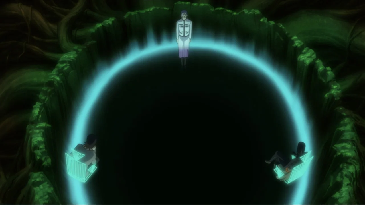 Ghost in the Shell: Arise - Border 3: Ghost Tears (2014) movie still: wide — A dark subterranean enclosure features dense organic walls and a…