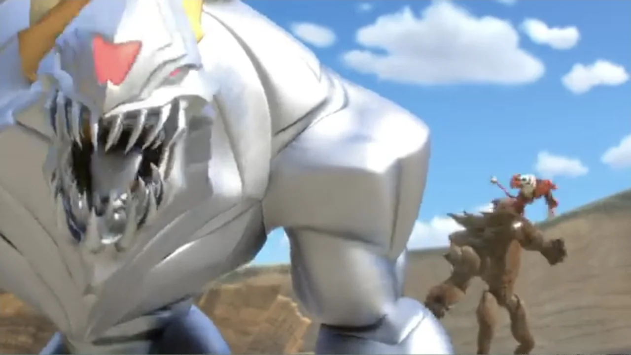 Max Steel: Team Turbo (2016) movie still: medium — A desolate rocky plain stretches under a clear blue sky with light clouds. A large silver monster…