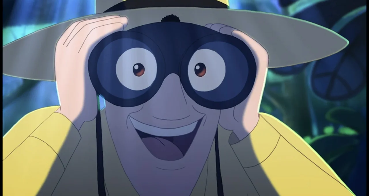 Curious George (2006) movie still: closeup — A man peers through binoculars within a dark, densely foliaged environment at night. He wears a yellow…
