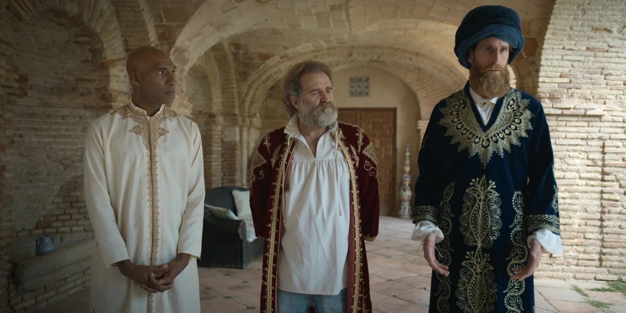 The Three Wise Men: The Truth (2022) movie still: fullbody — A stone interior space features vaulted brick ceilings and arched pillars in the…