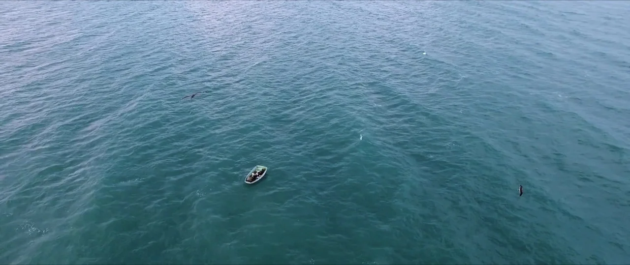 Buster’s Mal Heart (2016) movie still: establishing — An expanse of deep blue ocean water stretches to the horizon under daylight. A small, singular…