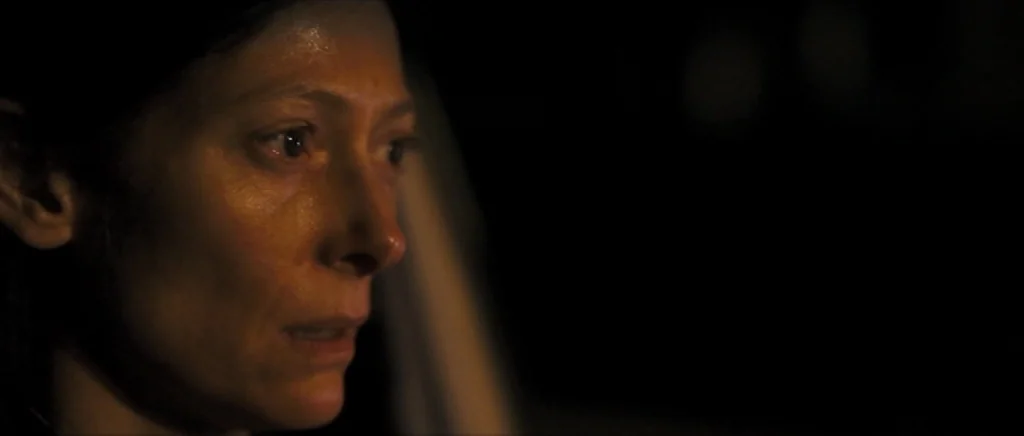 We Need To Talk About Kevin (2011) movie still: closeup — A close-up view shows a person sitting inside a dark car at night. The soft light…