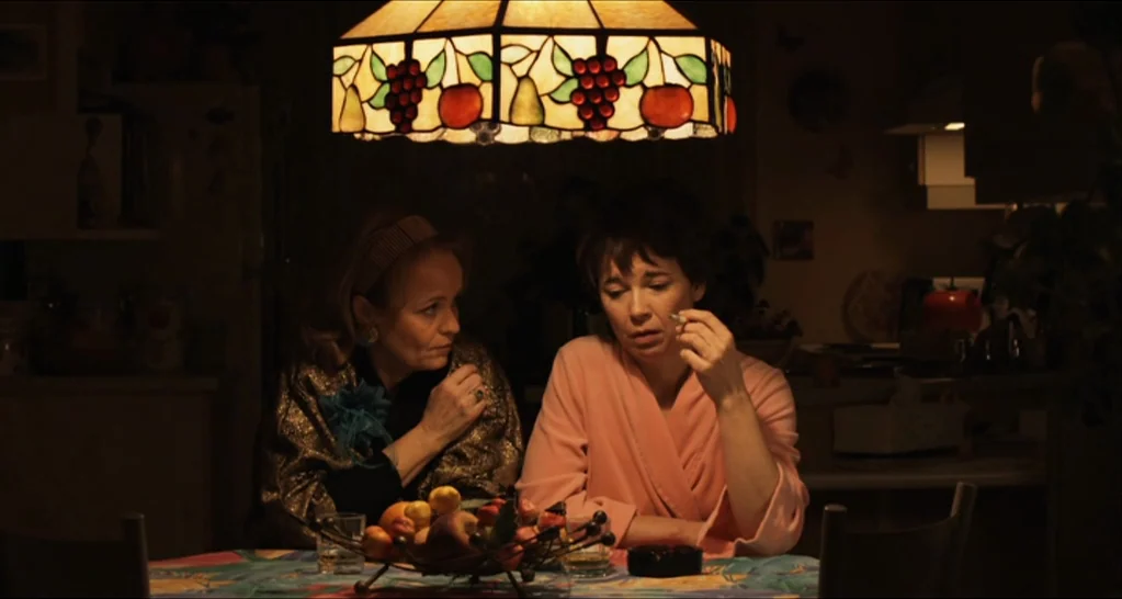 I Killed My Mother (J’ai tué ma mère) (2009) movie still: medium — A dim room featuring a stained glass lamp hanging over a cluttered table. Two…