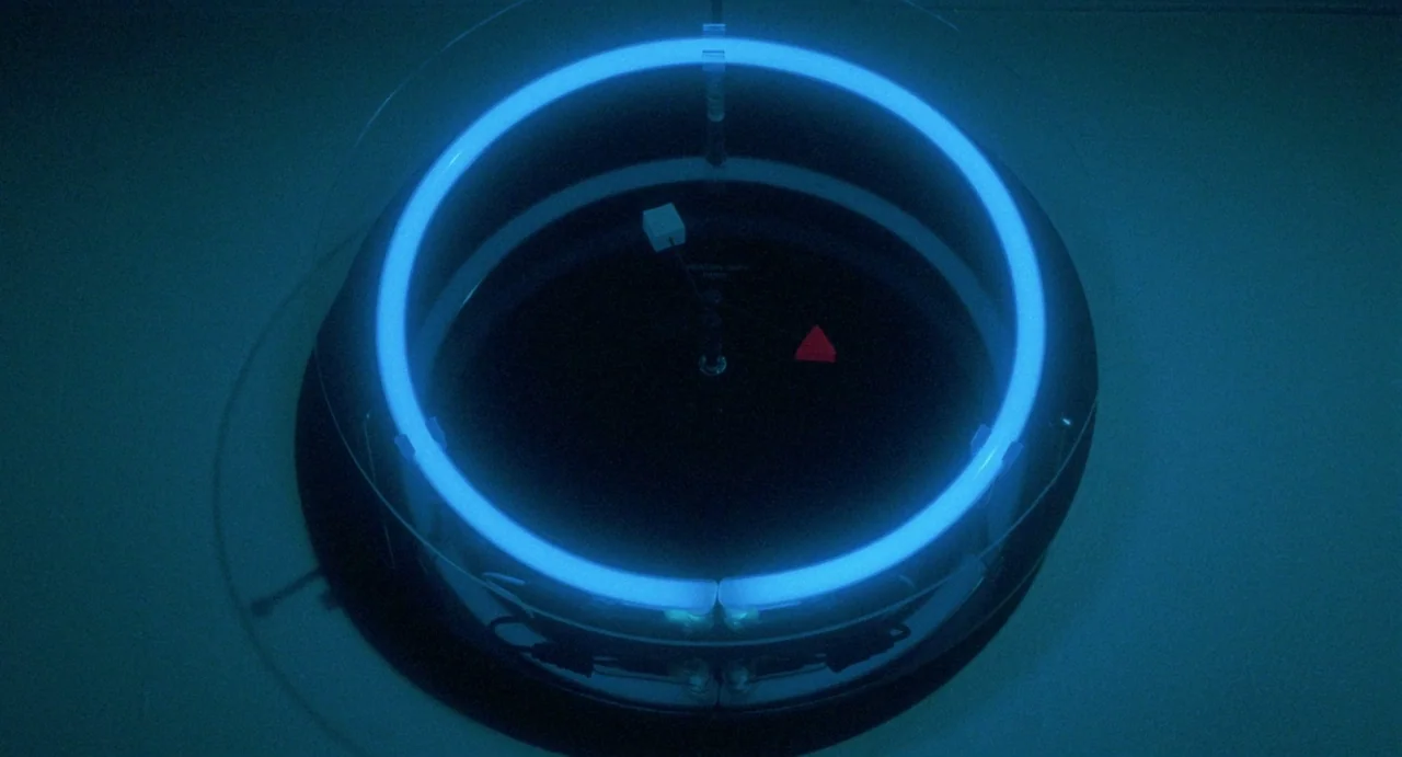 Def By Temptation (1990) movie still: closeup — A circular blue neon fixture is mounted horizontally on a dark, flat wall surface. A small white…