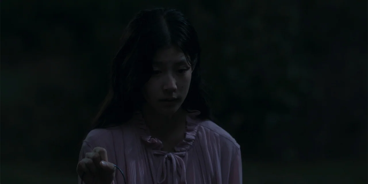 Host (2020) movie still: medium — A dark outdoor space with indistinct surroundings and a person in the foreground. A woman in a pink blouse holds a…