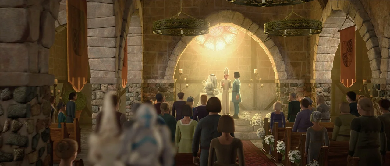 Shrek Forever After (2010) movie still: medium — A stone-walled chapel features vaulted ceilings and rows of wooden pews filled with guests. A bride…