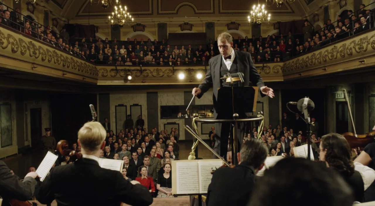 The Death of Stalin (2017) movie still: fullbody — A crowded mid-century concert hall with tiered seating and ornate architectural details. A male…