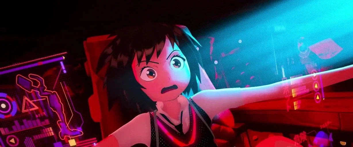 Spider-Man: Into the Spider-Verse (2018) movie still: closeup — A dark cockpit interior is filled with glowing red and blue holographic displays. A…