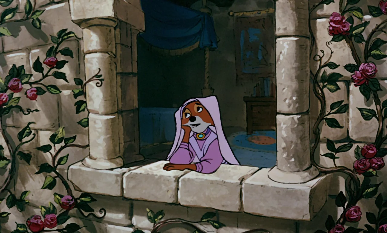 Robin Hood (1973) movie still: medium — A stone window opening framed by climbing rose vines leads into an indoor room. A fox woman leans her chin…