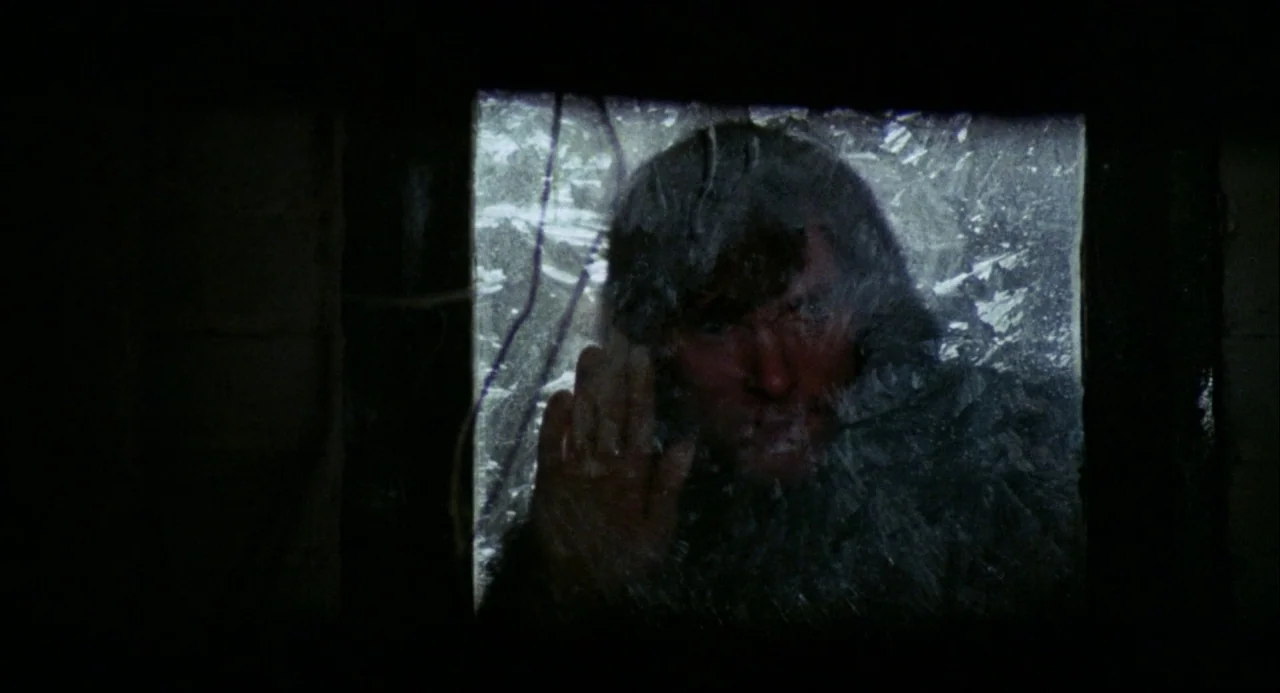 Black Christmas (1974) movie still: closeup — A man peers through a heavily frosted, weathered window pane from the outside. The man presses his…