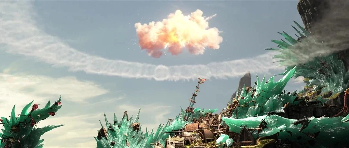 How to Train Your Dragon 2 (2014) movie still: establishing — A fantasy village sits beneath large, jagged teal ice formations reaching toward the…