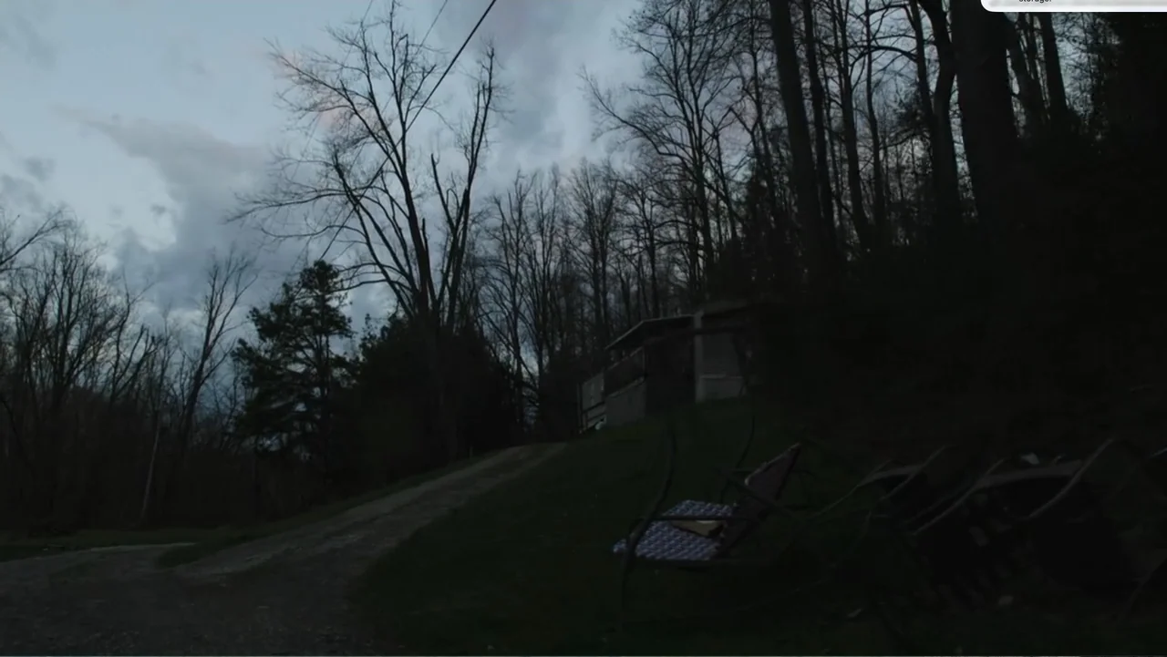 Murder at Carter County Mines (2023) movie still: establishing — A dark, grassy clearing sits at the base of a dense, leafless forest under…