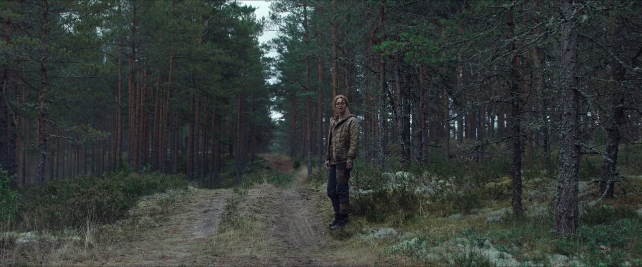 Azrael (2024) movie still: wide — A dense pine forest with a central dirt path cutting through overgrown vegetation. A woman stands on the path…