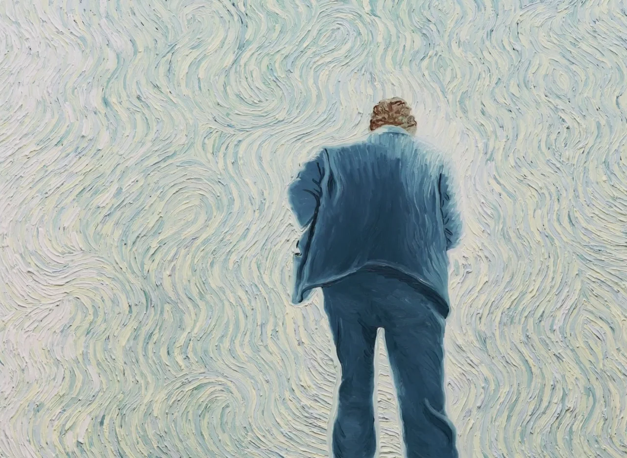 Loving Vincent (2017) movie still: fullbody — A figure stands against a background of textured, swirling impasto-style blue and white brushstrokes.…