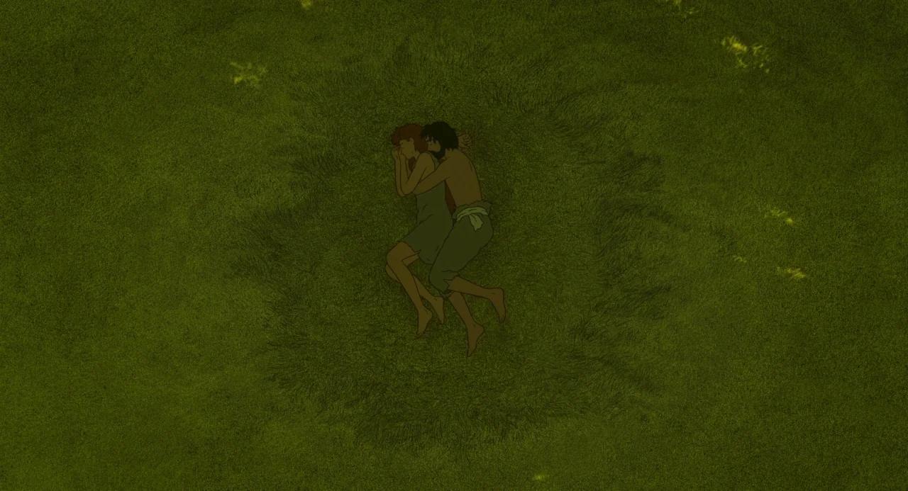 The Red Turtle (2016) movie still: wide — Two individuals lie in a flattened circle of tall, textured green grass. The pair remains motionless while…