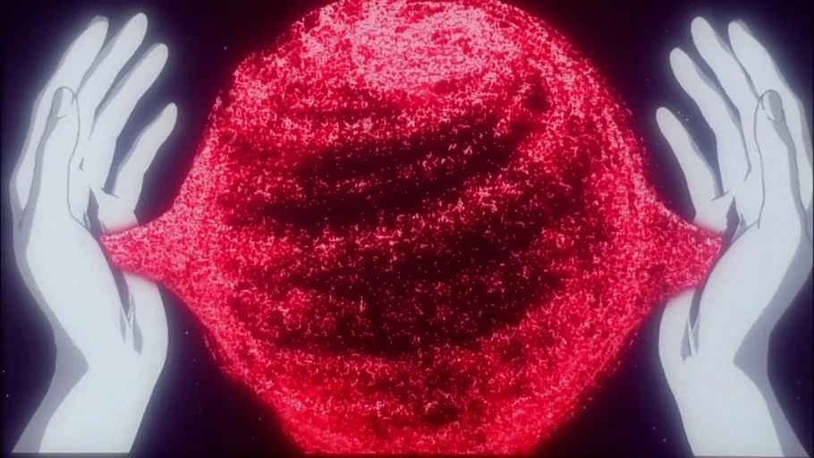 Neon Genesis Evangelion (1995) movie still: closeup — A dark abstract void surrounds a pulsating red orb held by two pale hands. The hands frame the…