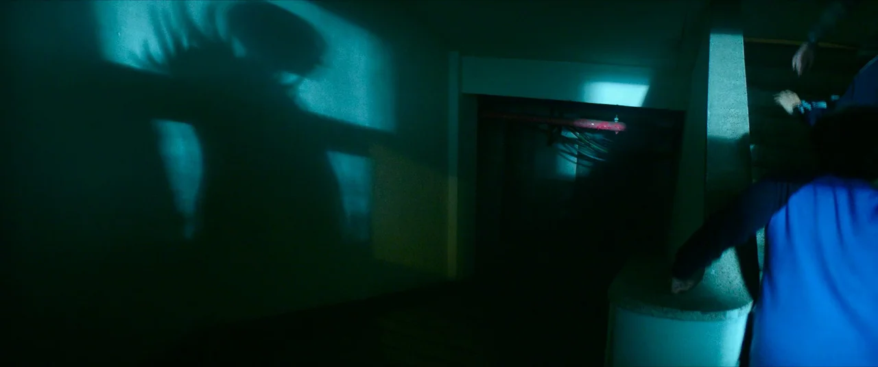 The Divine Fury (2019) movie still: medium — A dark stairwell with a large distorted shadow projected onto the side wall. The figure's shadow…
