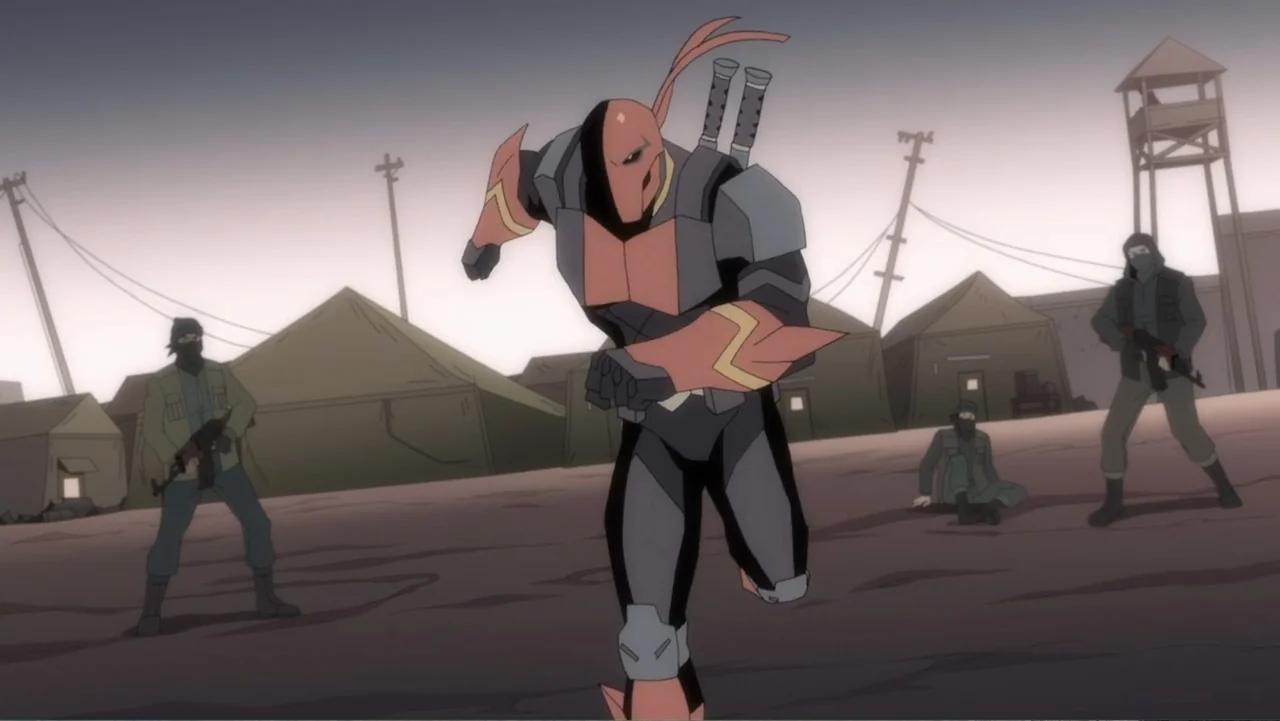 Deathstroke: Knights & Dragons - The Movie (2020) movie still: fullbody — A dusty military encampment features green canvas tents and a tall wooden…