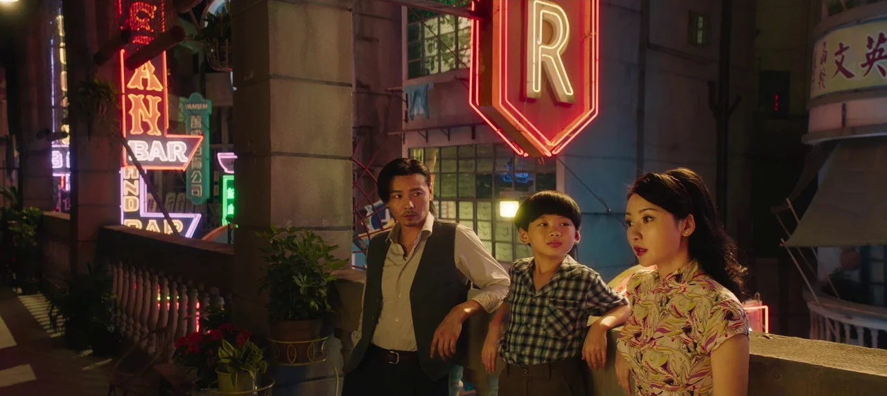 Master Z: The Ip Man Legacy (2018) movie still: medium — A crowded night-time balcony overlooks a bustling street with illuminated signs in Chinese…