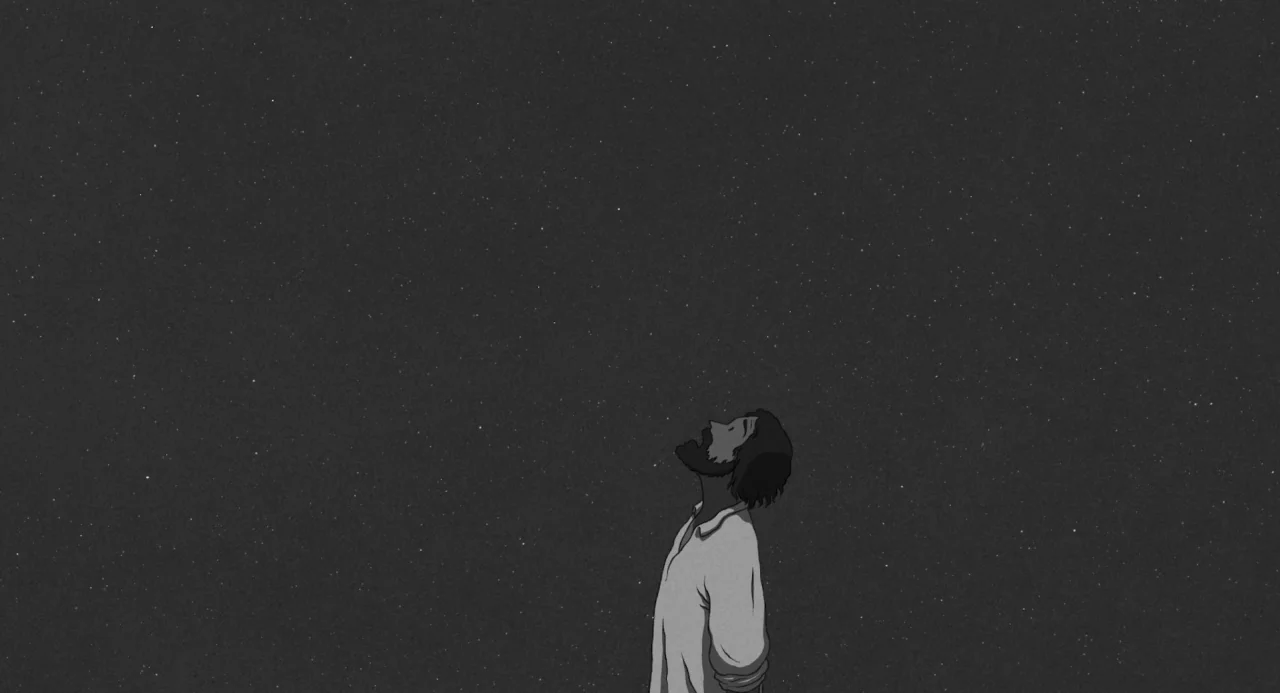 The Red Turtle (2016) movie still: wide — A vast night sky filled with small white stars stretches across the entire frame. A man stands in the…