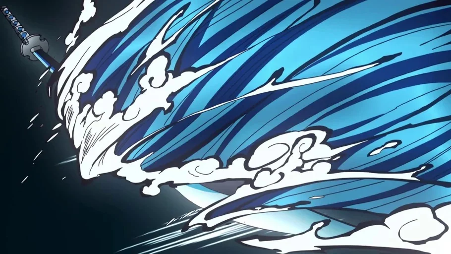 Demon Slayer: Kimetsu no Yaiba (2019) movie still: closeup — A stylized, hand-drawn depiction of a curved katana blade cutting through rushing water…