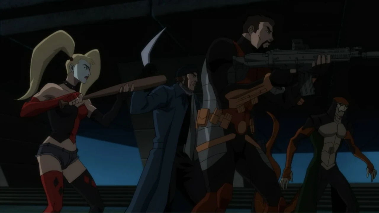 Suicide Squad: Hell to Pay (2018) movie still: medium — A group of armed figures stands beneath a concrete structure during the night. The team…