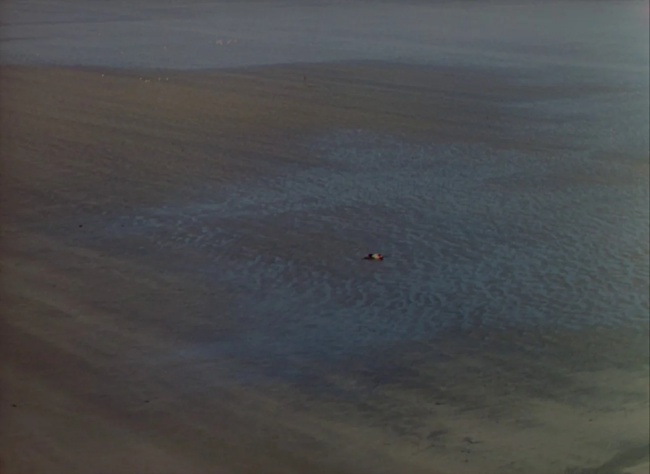 A Matter of Life and Death (1946) movie still: establishing — A vast, expansive mudflat stretches across the frame during a low tide. A small,…