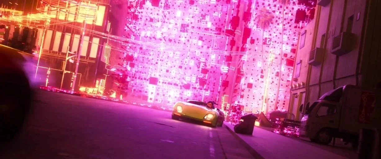 Ralph Breaks the Internet (2018) movie still: wide — A city street at night is illuminated by an overwhelming intense pink neon glow. A lime-colored…
